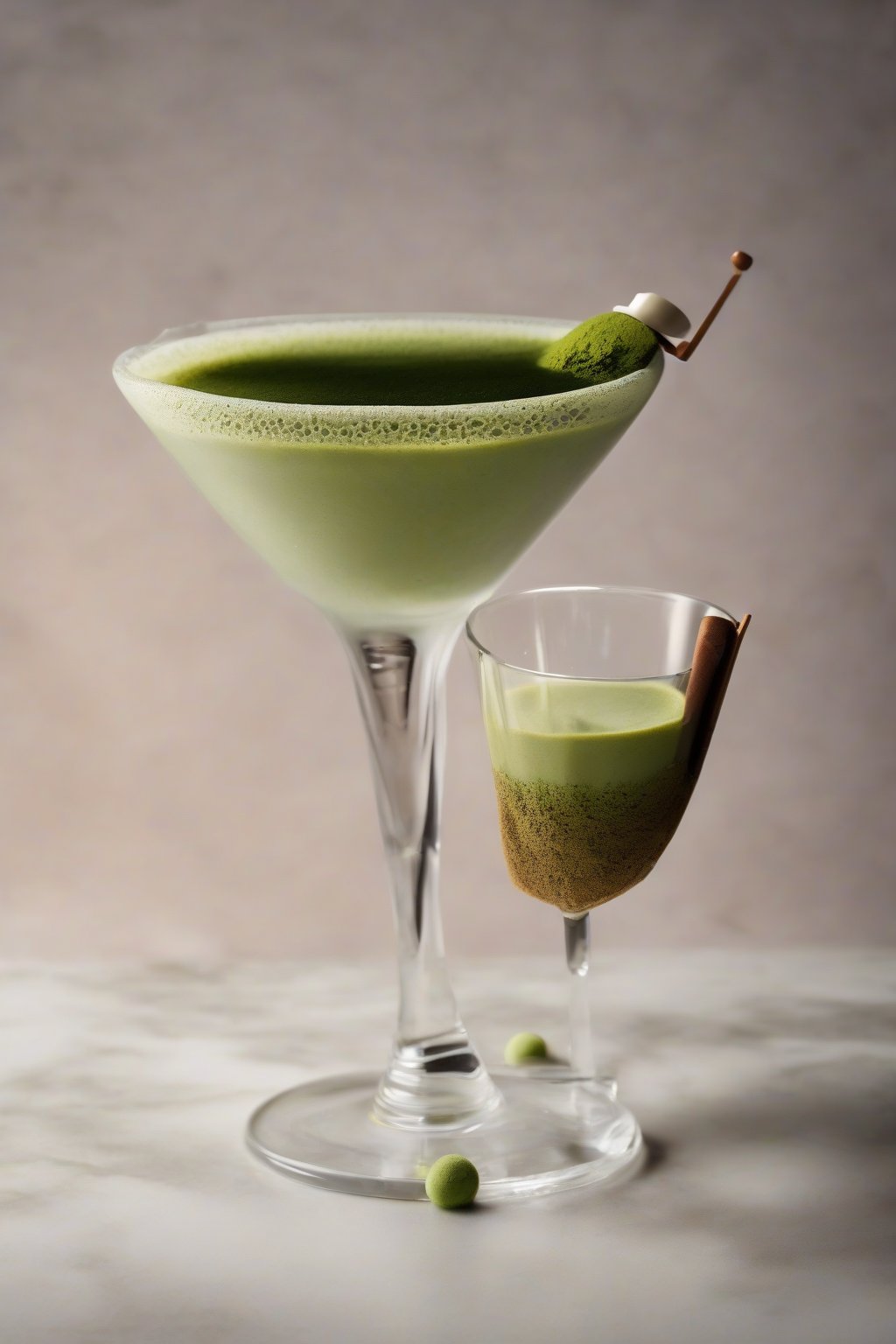 A high-resolution photo of a matcha espresso martini with green powder dusting on crema, under soft lighting.