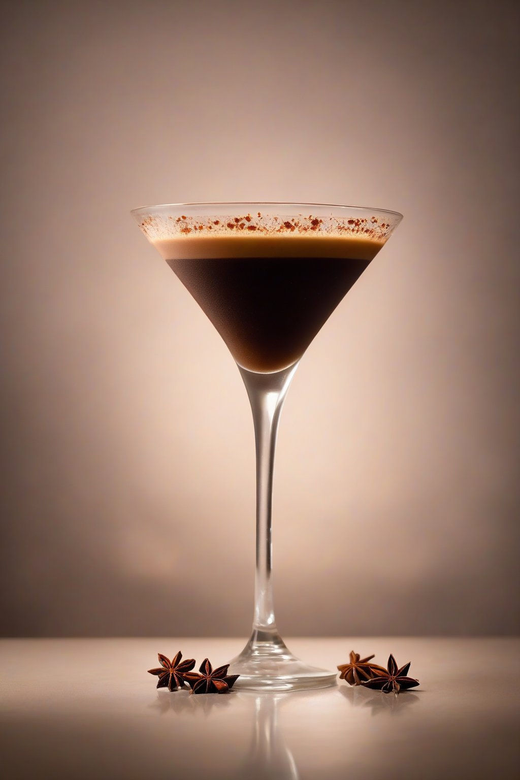A high-resolution photo of a spiced rum espresso martini with star anise garnish and dark froth, under soft lighting.