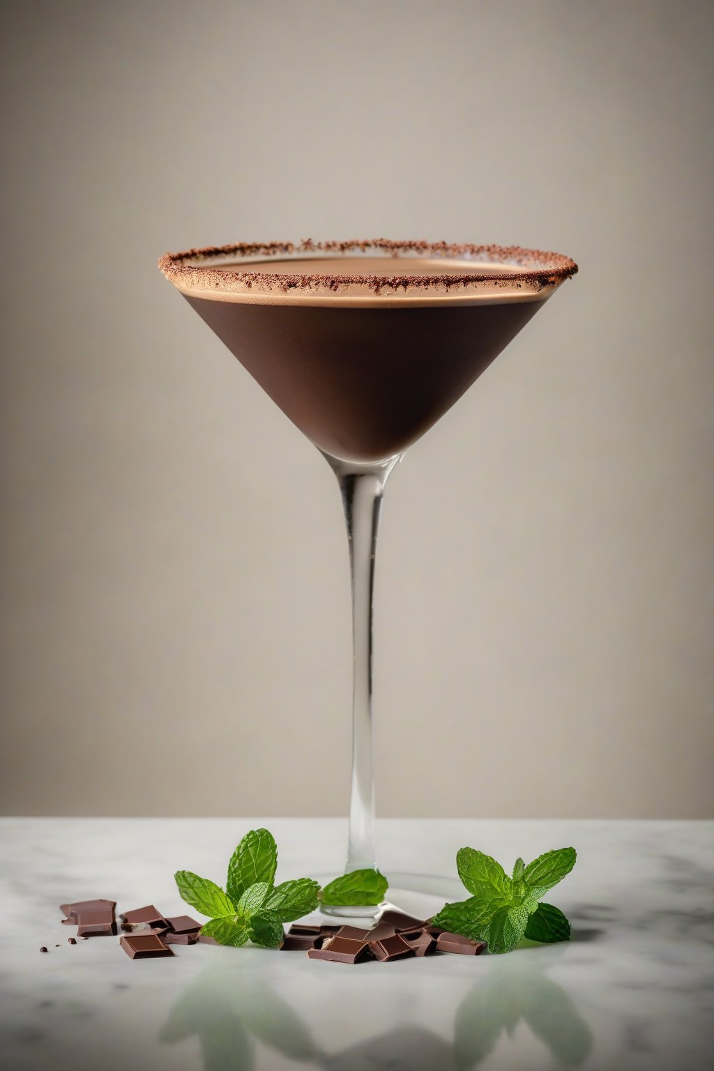 A high-resolution photo of a mint chocolate espresso martini with mint leaf and chocolate rim, under soft lighting.