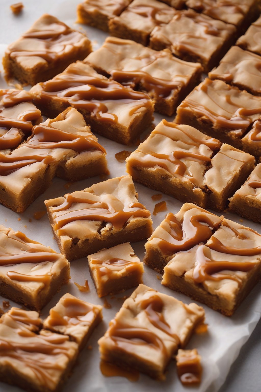 A high-resolution photo of classic caramel swirl blondies, golden bars with visible caramel ribbons, cut into squares under soft lighting.