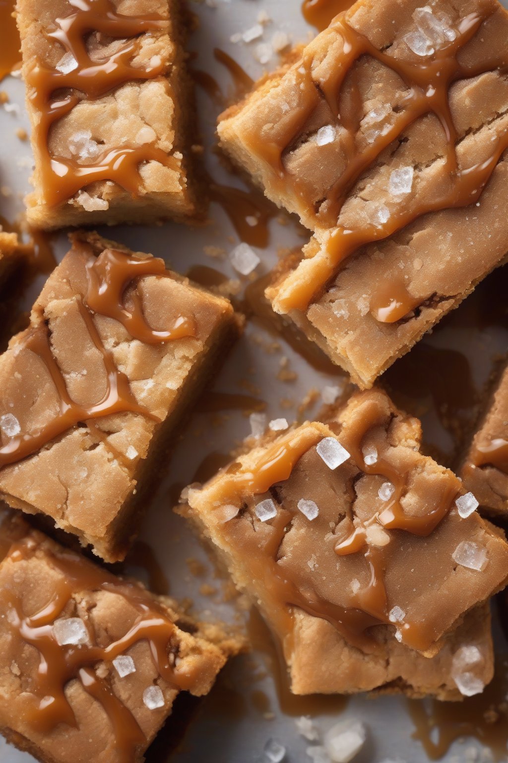 A high-resolution photo of salted caramel blondies, chewy squares topped with sea salt crystals and caramel oozing, under soft lighting.