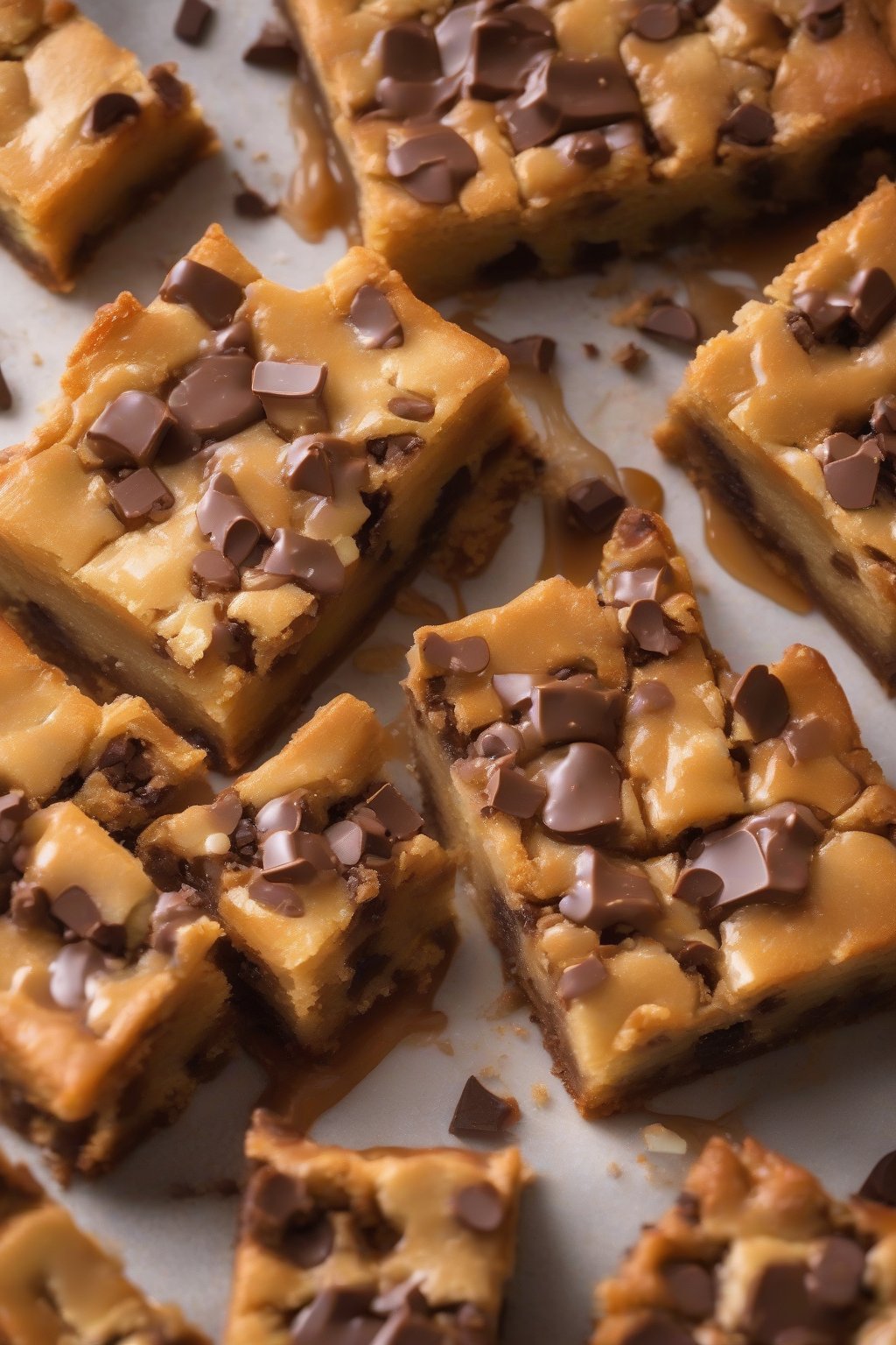 A high-resolution photo of chocolate chip caramel blondies, gooey caramel and melted chips in golden bars, under soft lighting.