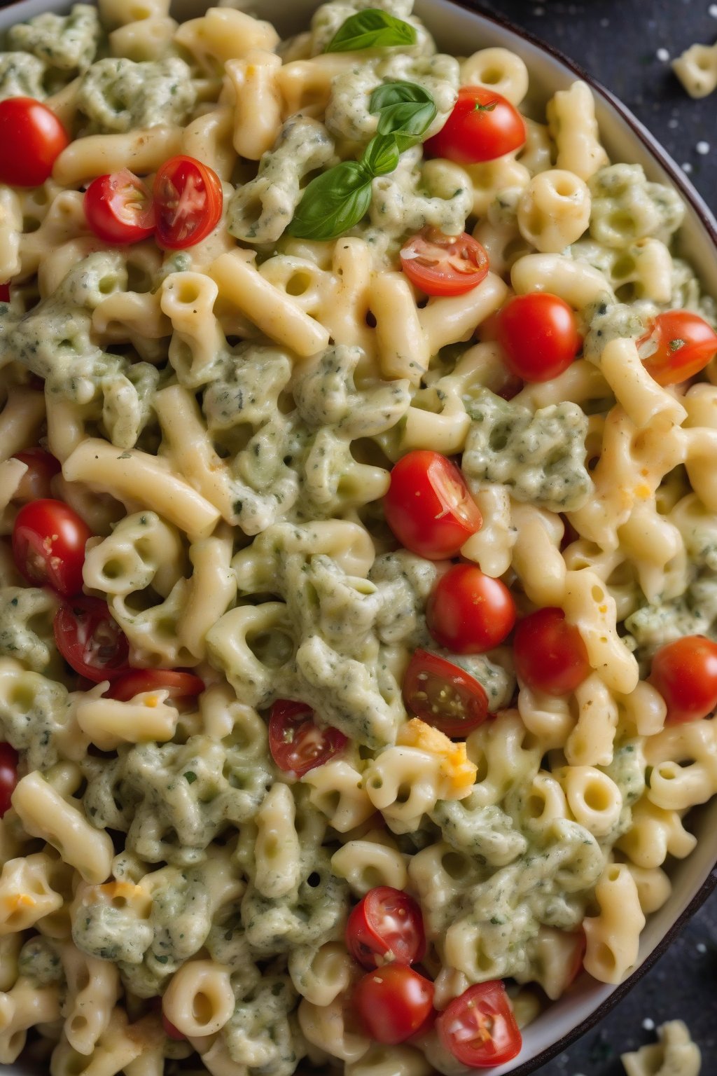 A high-resolution photo of pesto macaroni salad with halved tomatoes and cheese pearls, under soft lighting.