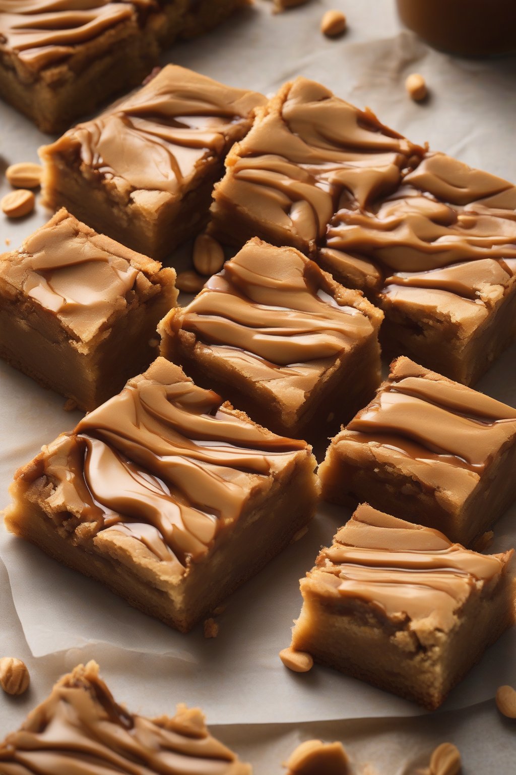 A high-resolution photo of peanut butter caramel blondies, swirled layers visible in thick, chewy slices, under soft lighting.