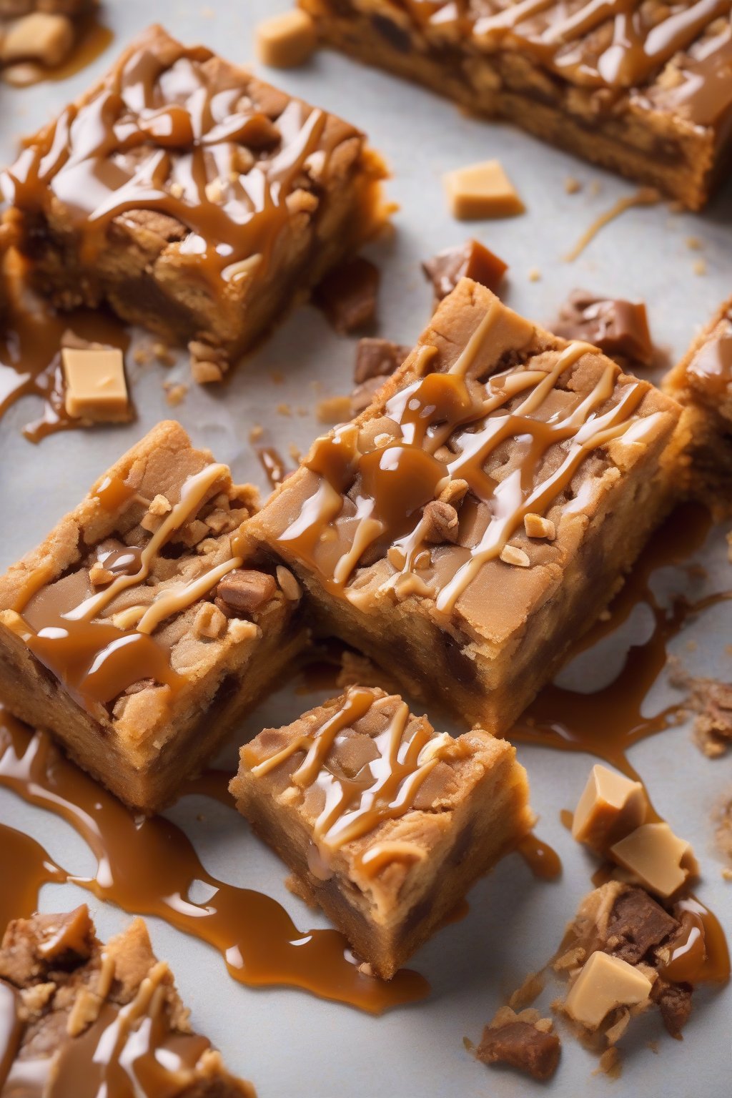 A high-resolution photo of toffee crunch caramel blondies, embedded toffee pieces and caramel drip in bars, under soft lighting.