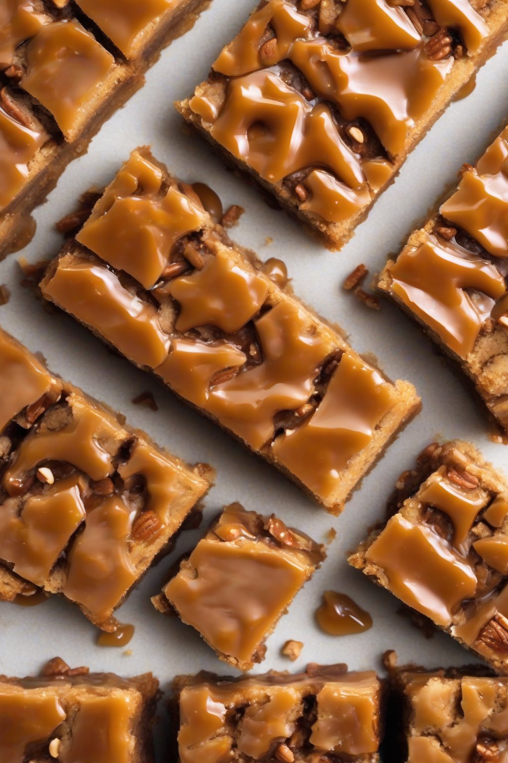 A high-resolution photo of pecan praline caramel blondies, nut-studded golden squares with caramel glaze, under soft lighting.