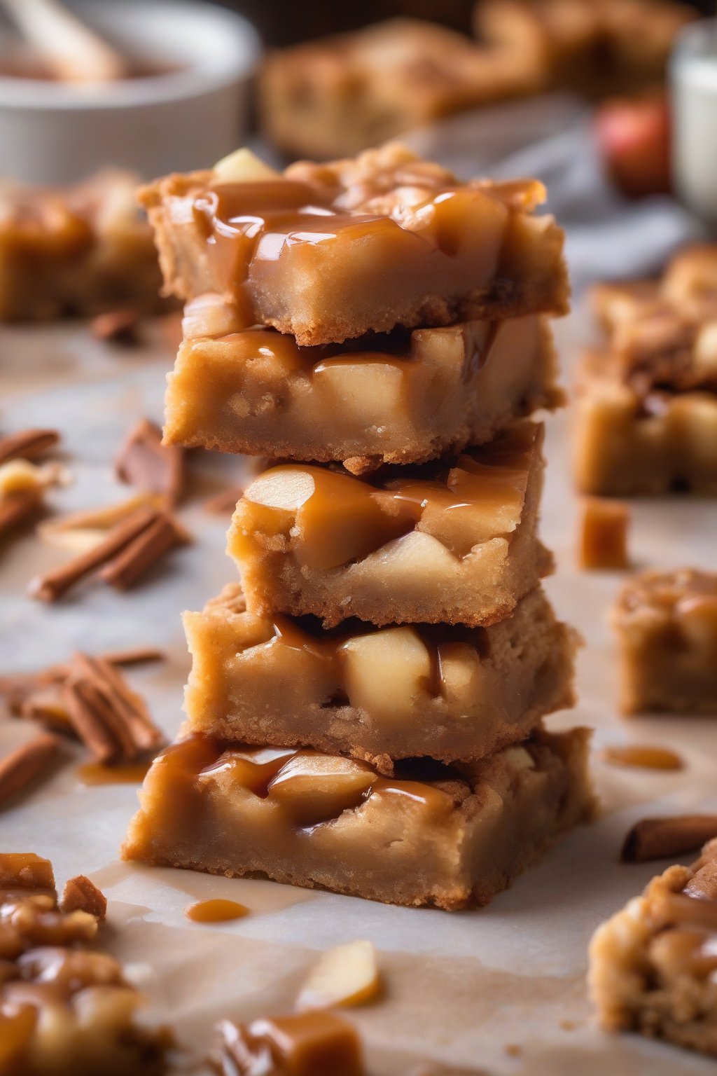 A high-resolution photo of apple cinnamon caramel blondies, apple chunks peeking through chewy caramel bars, under soft lighting.