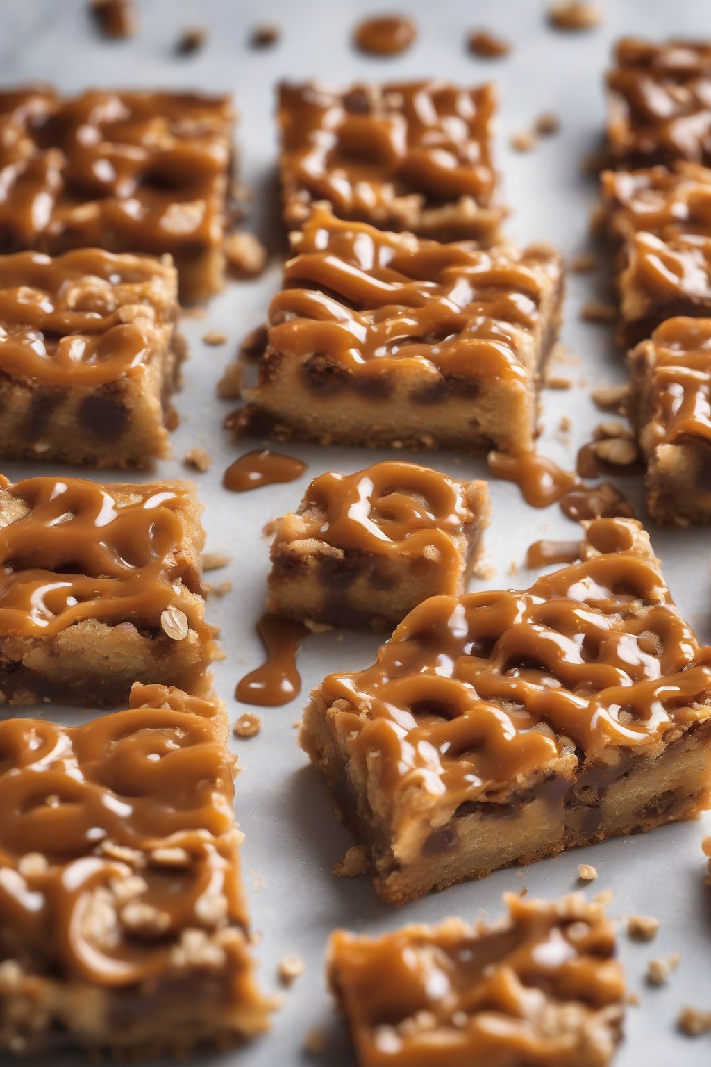 A high-resolution photo of pretzel salted caramel blondies, pretzel bits on surface with caramel pools, under soft lighting.