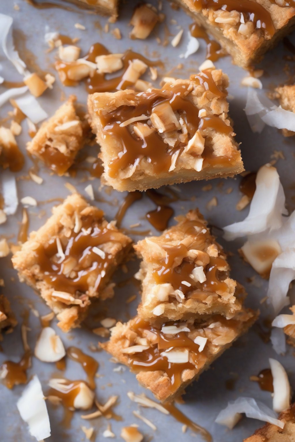 A high-resolution photo of coconut caramel blondies, toasted coconut topping on gooey caramel bars, under soft lighting.