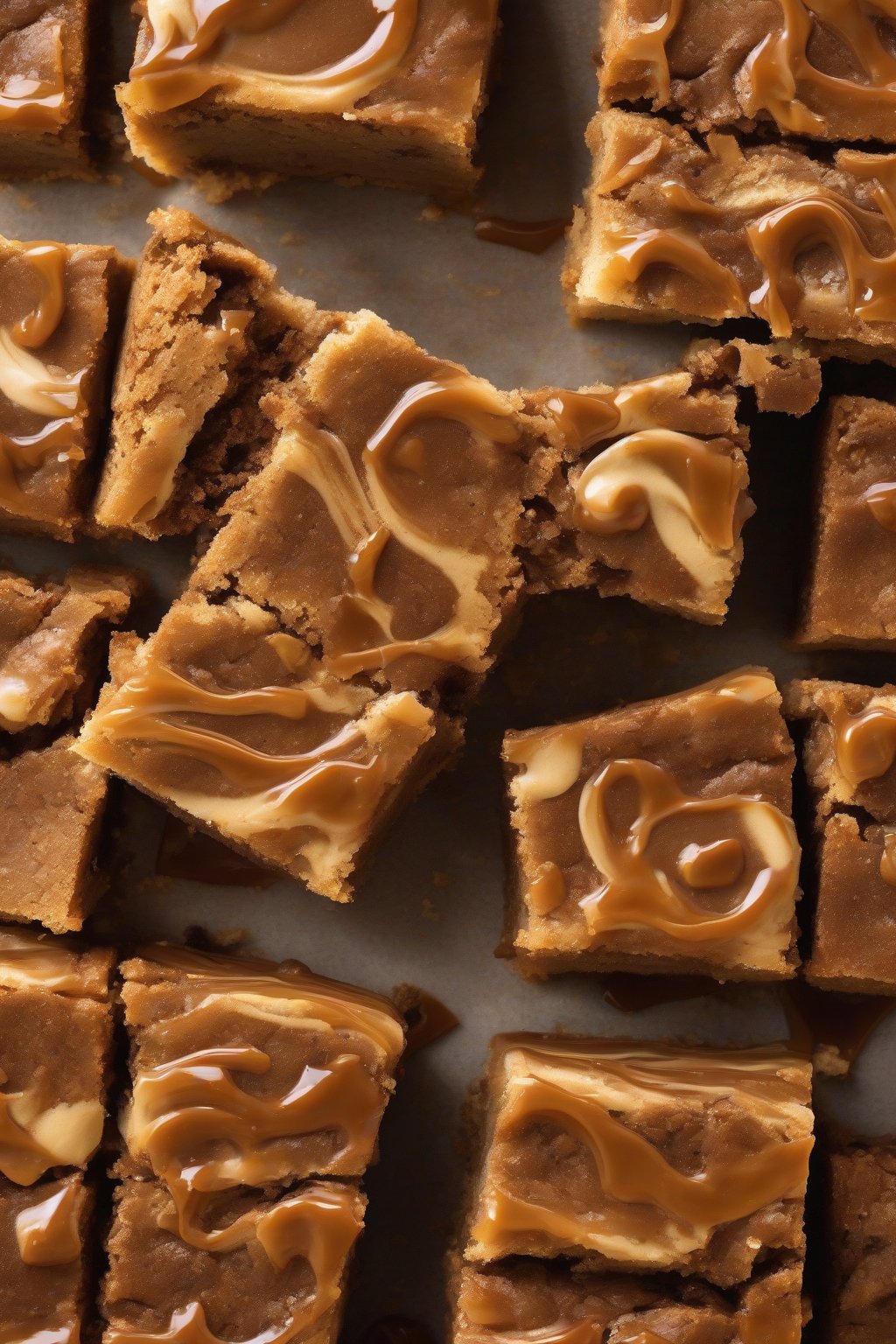 A high-resolution photo of espresso caramel blondies, rich brown swirls in chewy golden squares, under soft lighting.