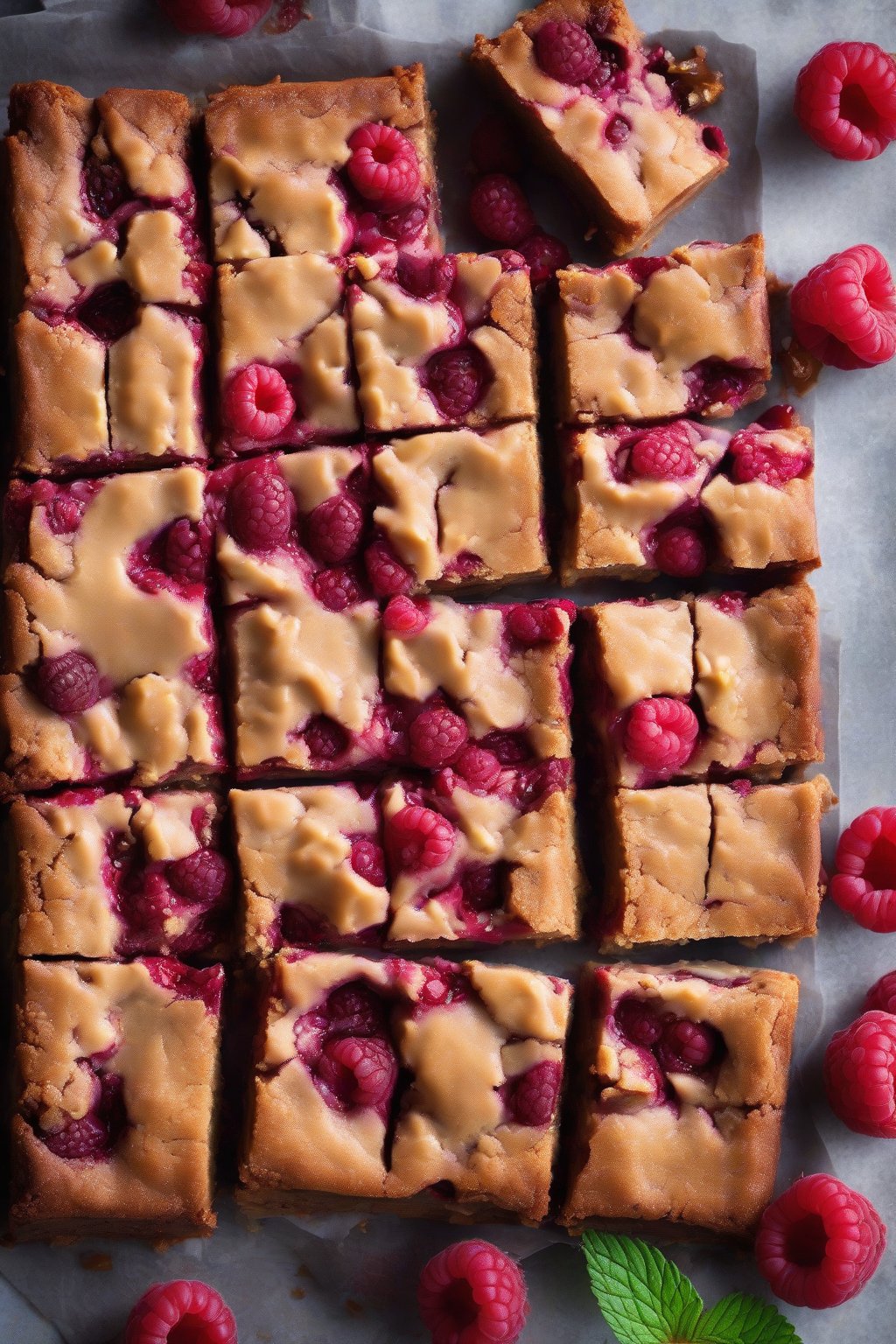 A high-resolution photo of raspberry caramel blondies, red berries dotting caramel-veined bars, under soft lighting.