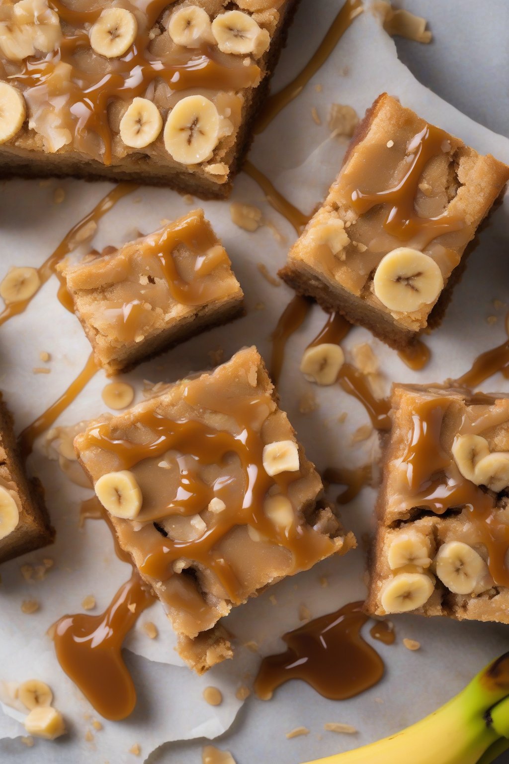 A high-resolution photo of banana foster caramel blondies, banana flecks and caramel in moist, chewy slices, under soft lighting.