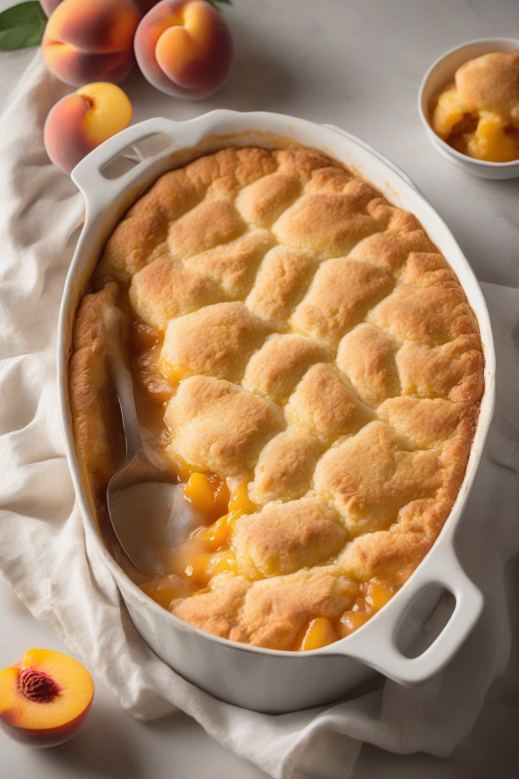 A high-resolution photo of classic Southern peach cobbler bubbling in a white baking dish with golden biscuit topping, under soft lighting.