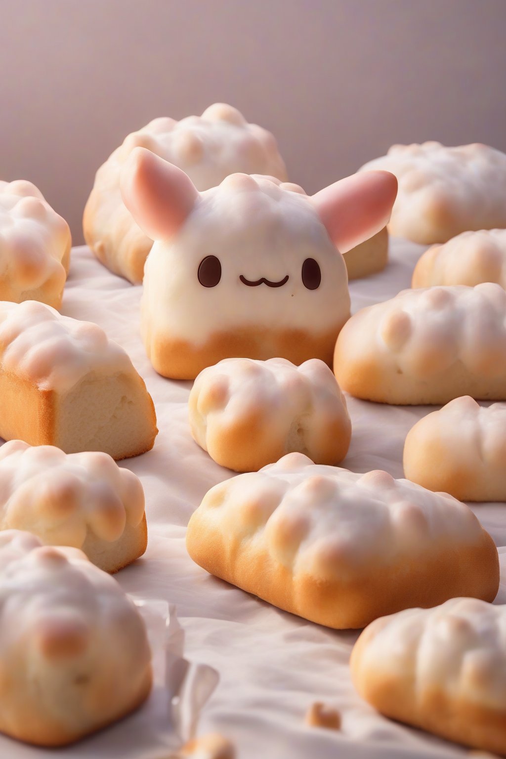 A high-resolution photo of squishy Cinamoroll bread loaf with pull-apart ears and iced face under soft lighting.