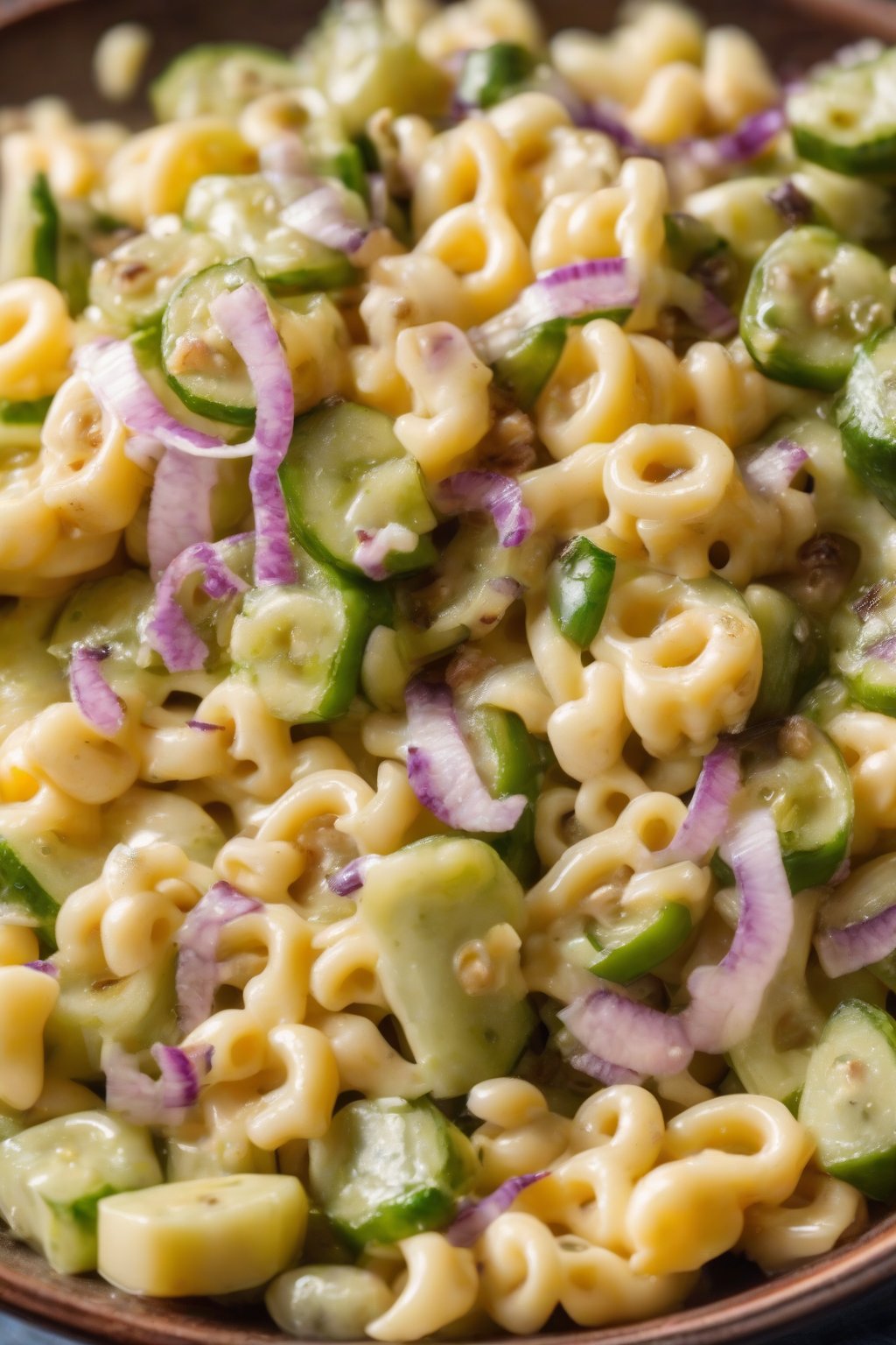 A high-resolution photo of sweet pickle macaroni salad glistening with dressing, under soft lighting.