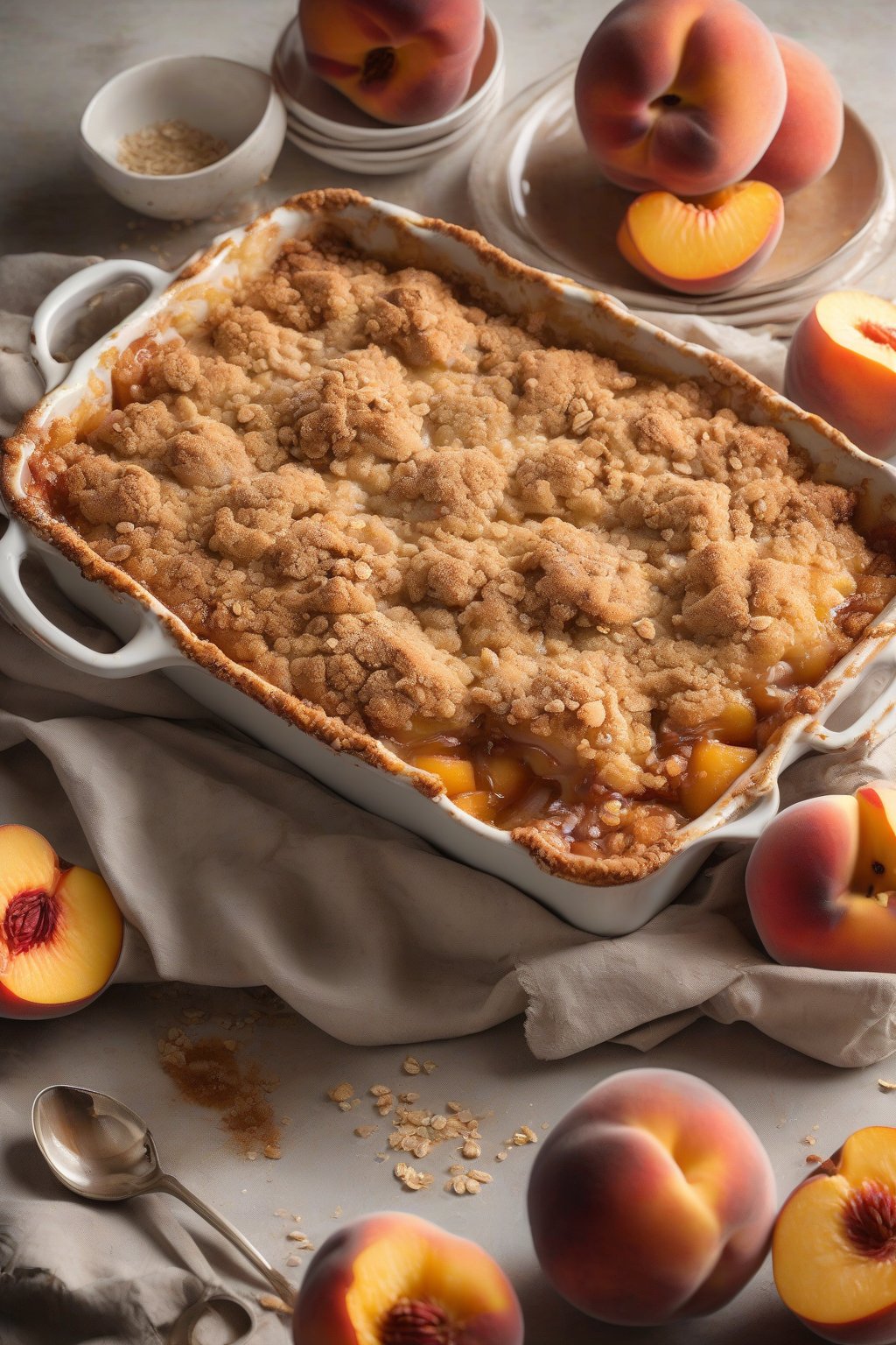 A high-resolution photo of streusel-topped peach cobbler with oats and cinnamon crumbs over juicy peaches, bubbling at the edges, under soft lighting.