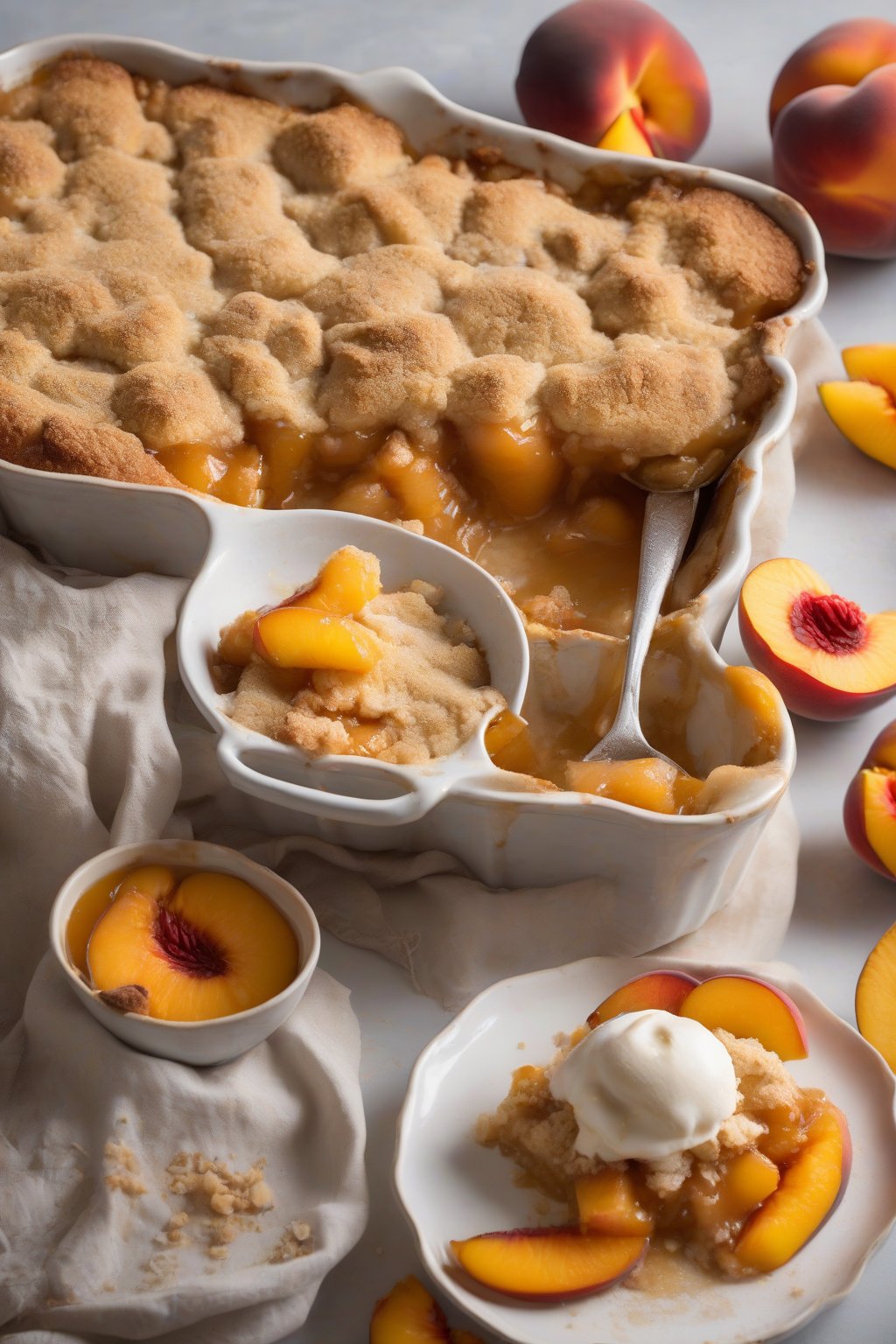 A high-resolution photo of gluten-free peach cobbler with almond flour topping, golden and bubbling with peach juices, under soft lighting.