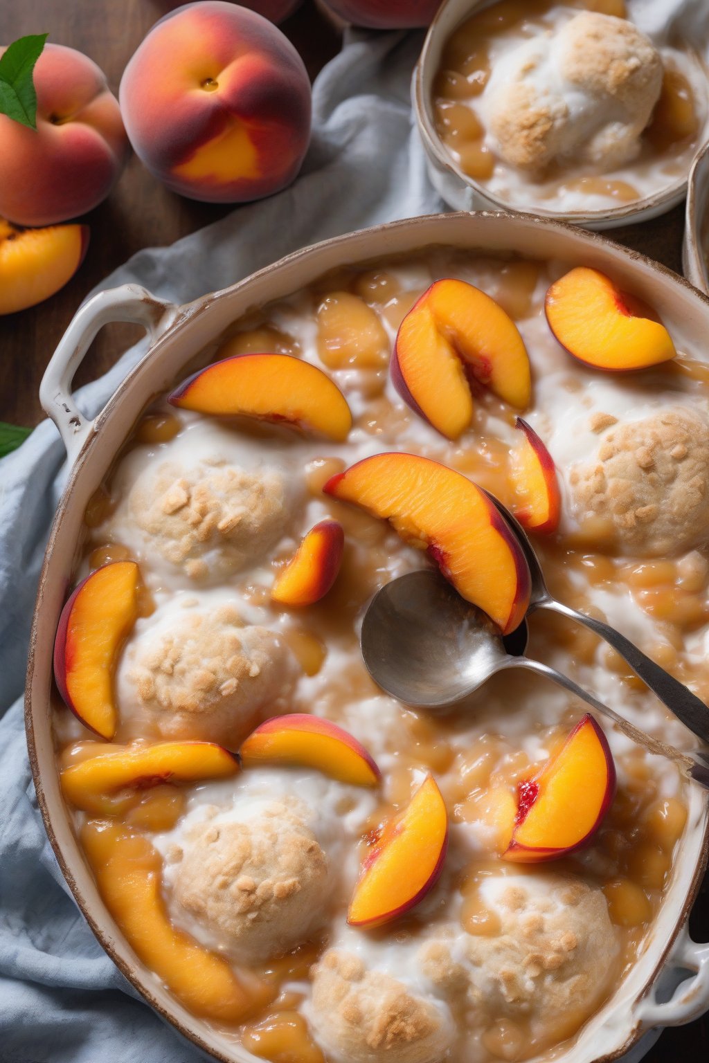 A high-resolution photo of vegan peach cobbler bubbling with coconut milk biscuit dollops over peaches, under soft lighting.