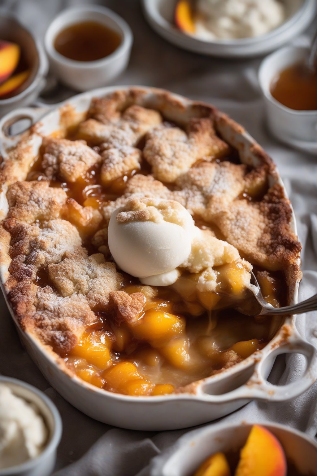 A high-resolution photo of bourbon peach cobbler with dark caramelized bubbles and flaky topping, under soft lighting.