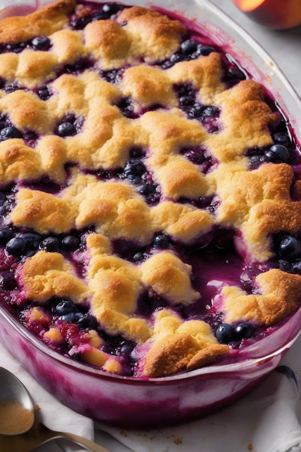 A high-resolution photo of peach-blueberry cobbler with purple juices bubbling through golden cornmeal topping, under soft lighting.