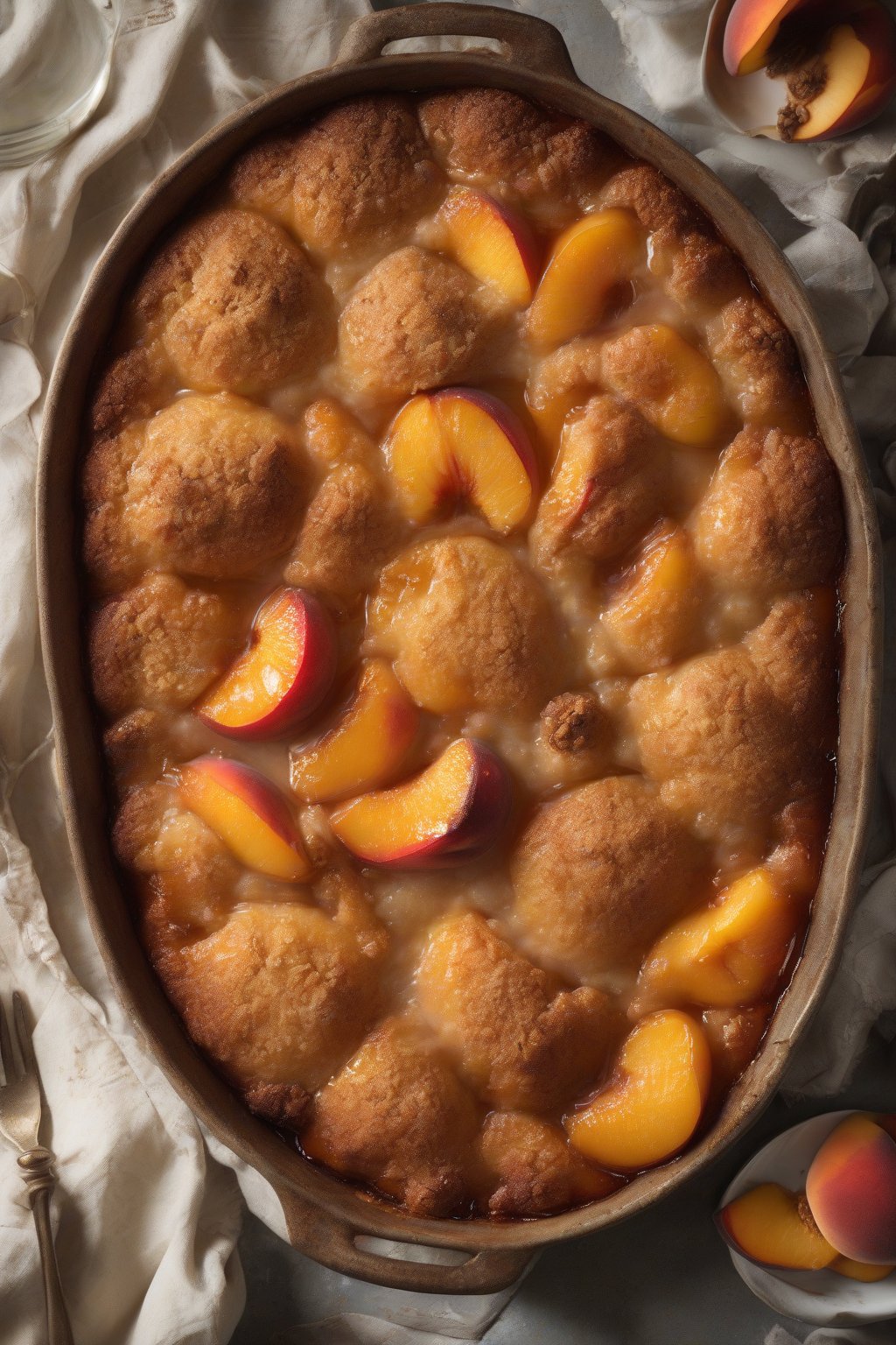 A high-resolution photo of spiced peach cobbler bubbling with nutmeg-flecked peaches and biscuit crust, under soft lighting.