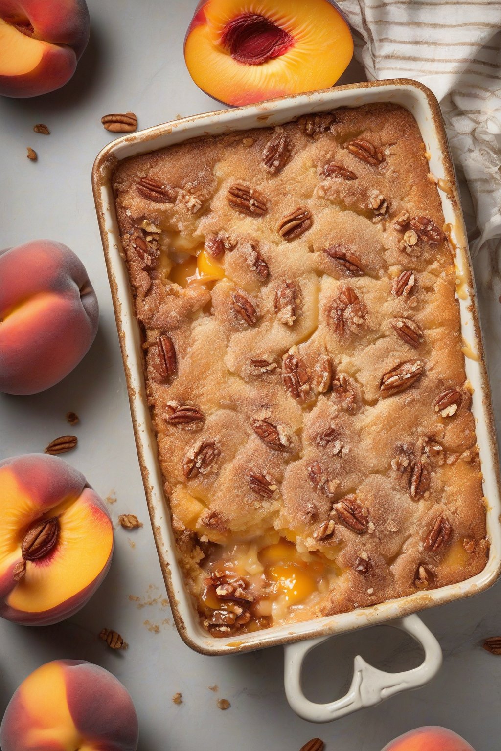 A high-resolution photo of peach cobbler dump cake with layered cake mix and pecans bubbling over peaches, under soft lighting.