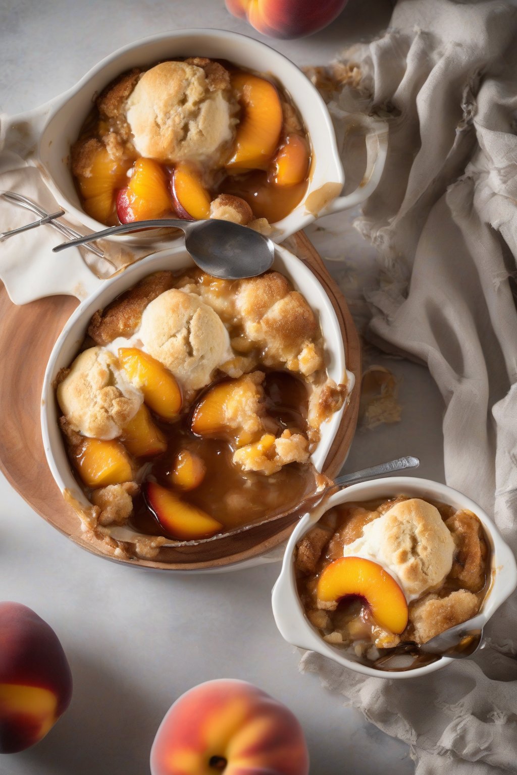 A high-resolution photo of slow cooker peach cobbler with soft biscuit topping over bubbling peaches, under soft lighting.