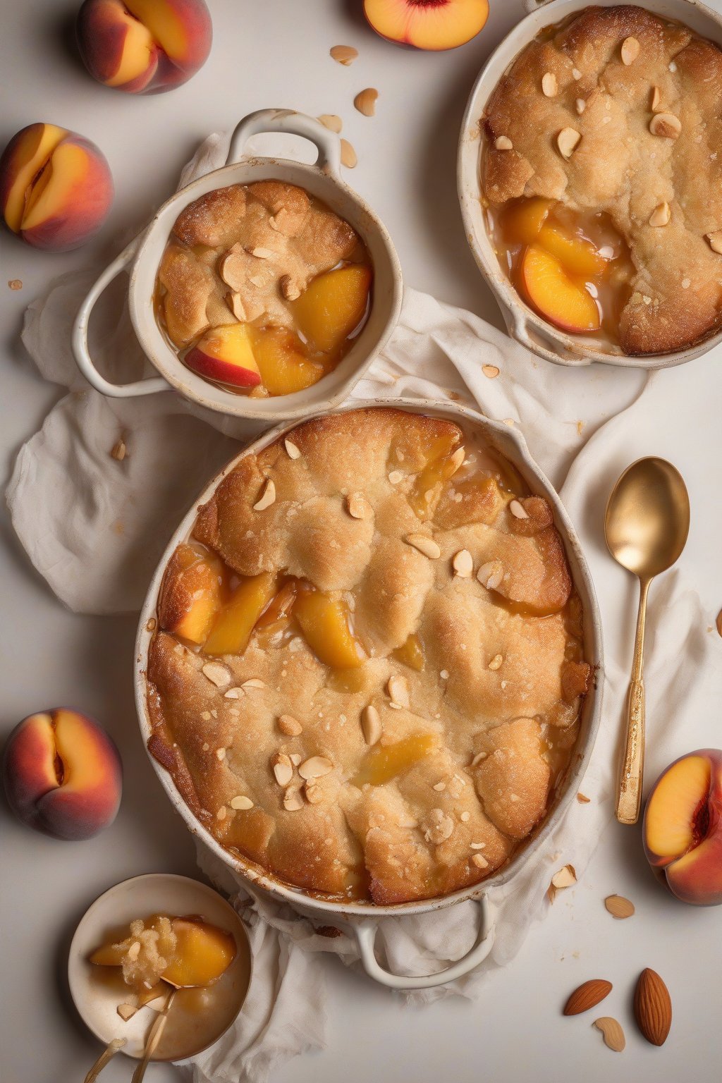 A high-resolution photo of almond peach cobbler with toasted slices and golden bubbles, under soft lighting.