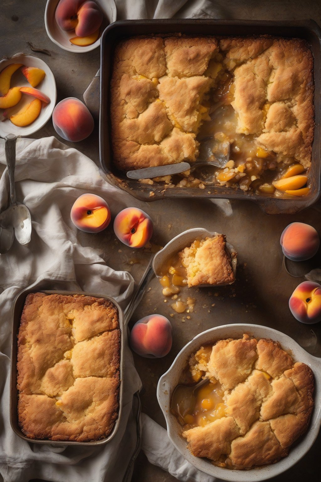 A high-resolution photo of cornbread peach cobbler with crumbly golden top over bubbling fruit, under soft lighting.