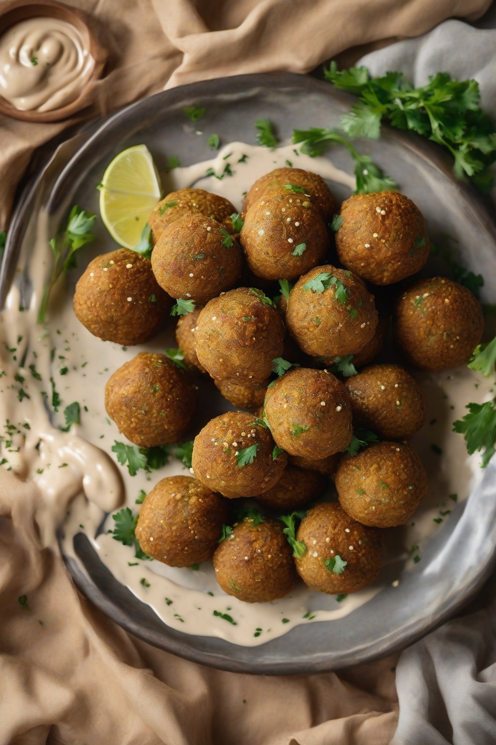 A high-resolution photo of golden-brown classic chickpea falafel balls on a plate with tahini drizzle, under soft lighting.