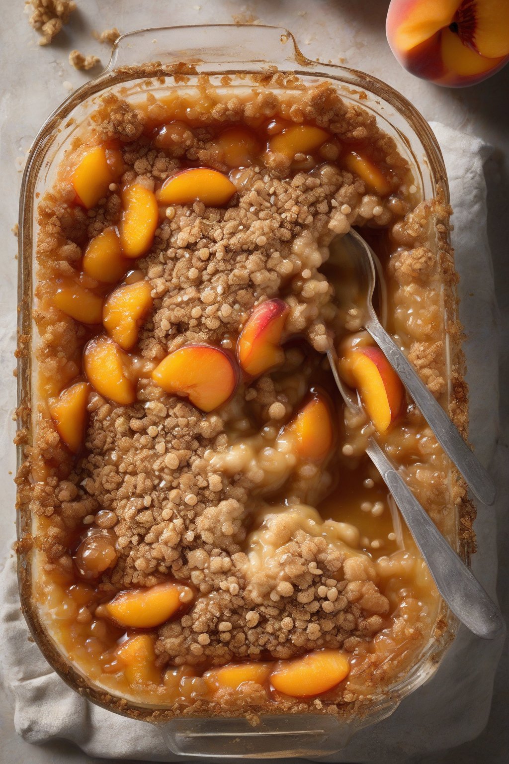 A high-resolution photo of oat crumble peach cobbler with ginger-spiced topping and syrupy bubbles, under soft lighting.