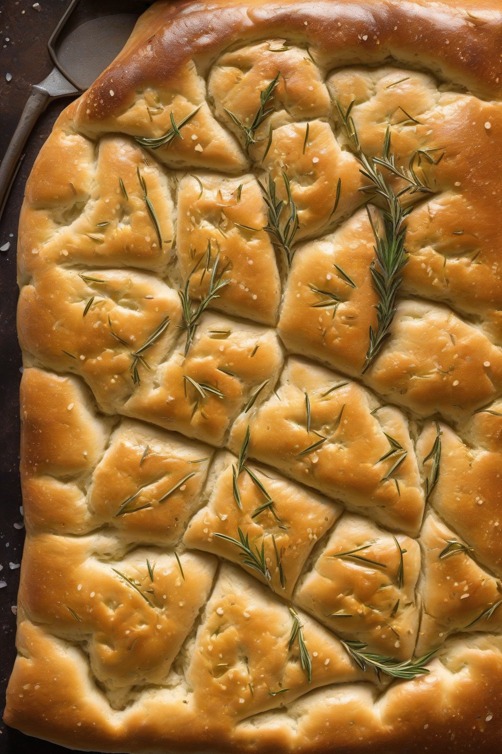 A high-resolution photo of golden classic rosemary and sea salt sourdough focaccia, dimpled surface glistening with olive oil, under soft lighting.