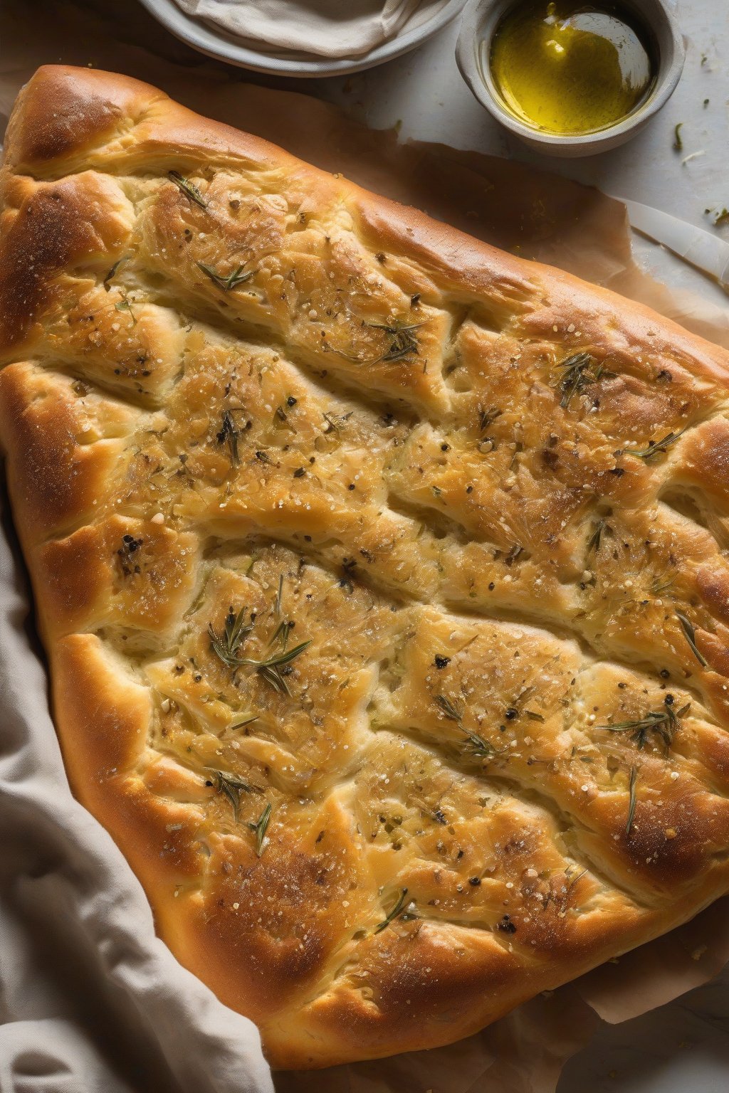 A high-resolution photo of olive-studded sourdough focaccia with vibrant lemon zest flecks, bubbly crust, under soft lighting.