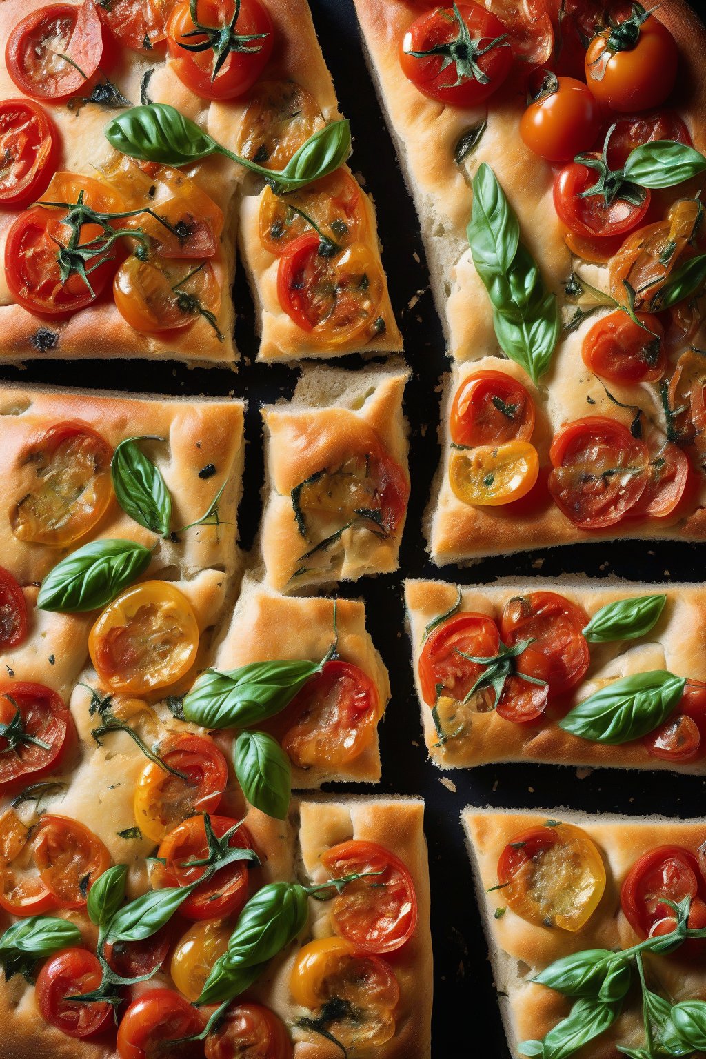 A high-resolution photo of colorful cherry tomato and basil sourdough focaccia, tomatoes half-bursting, under soft lighting.