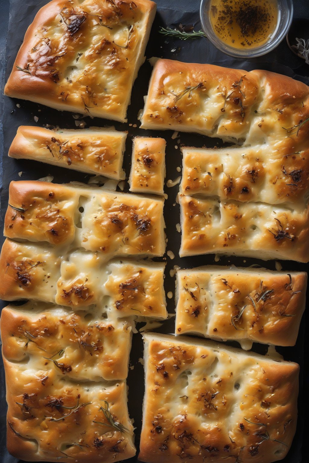 A high-resolution photo of garlic parmesan sourdough focaccia with melted cheese pools and caramelized cloves, under soft lighting.