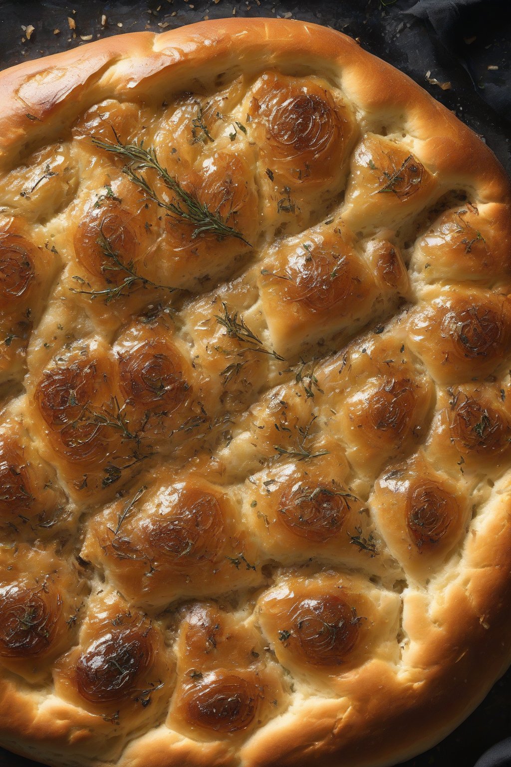 A high-resolution photo of caramelized onion thyme sourdough focaccia, glossy onions swirling atop bubbly dough, under soft lighting.