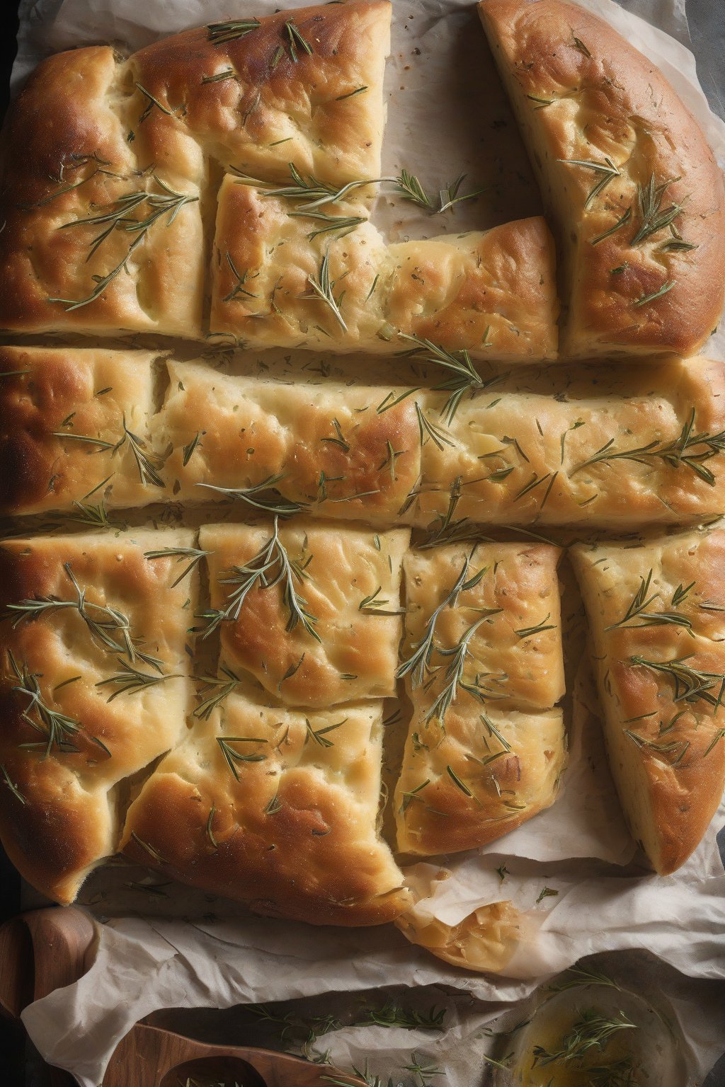 A high-resolution photo of potato rosemary sourdough focaccia with crispy edges and herb flecks, under soft lighting.
