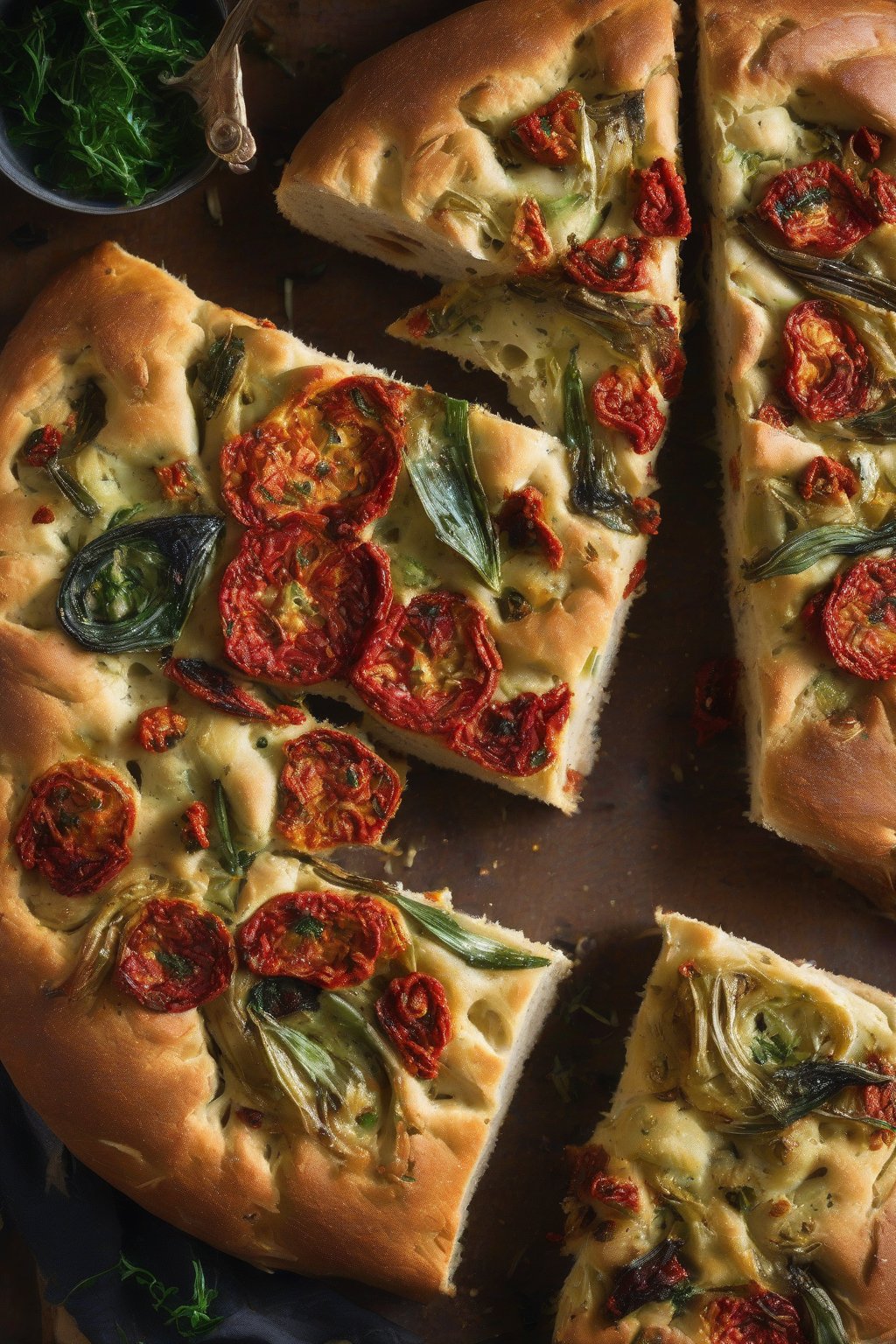 A high-resolution photo of sundried tomato artichoke sourdough focaccia, vibrant red and green pops on golden bread, under soft lighting.