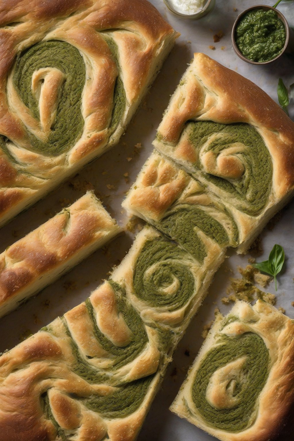 A high-resolution photo of pesto swirl sourdough focaccia with green ribbons through airy crumb, under soft lighting.