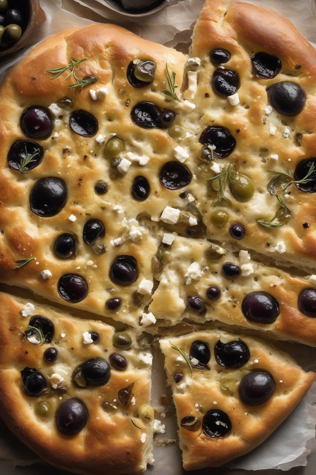 A high-resolution photo of feta olive sourdough focaccia, briny olives and crumbly white cheese on dimpled surface, under soft lighting.