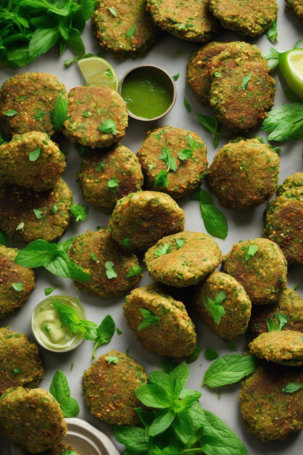 A high-resolution photo of vibrant green herbed falafel patties scattered with fresh mint leaves, under soft lighting.