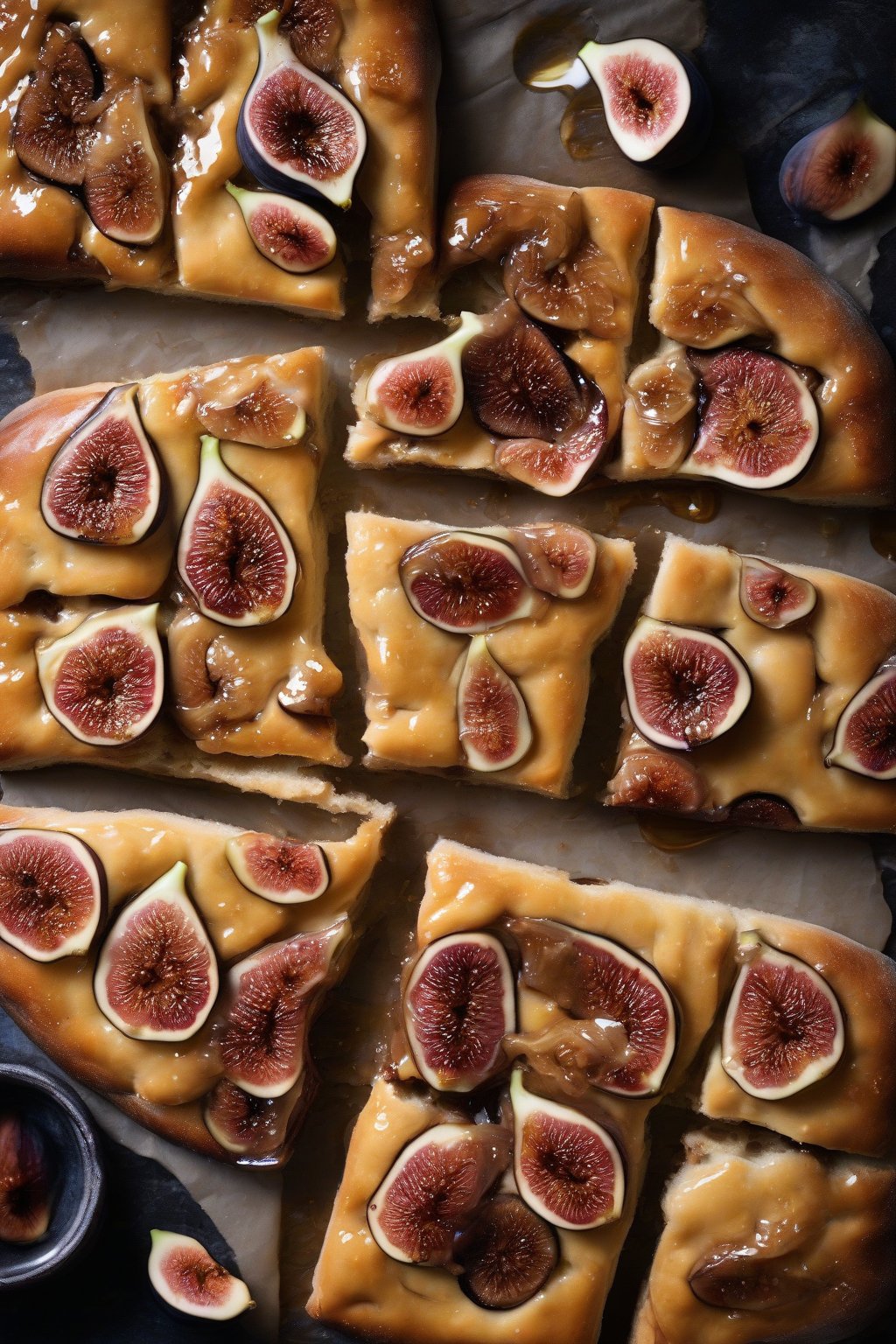 A high-resolution photo of fig honey sourdough focaccia, glossy figs nestled in honey glaze, under soft lighting.