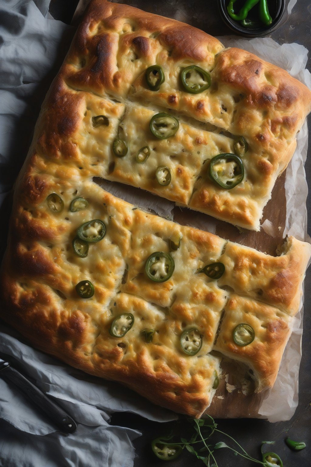 A high-resolution photo of jalapeño cheddar sourdough focaccia with gooey cheese and green heat, under soft lighting.