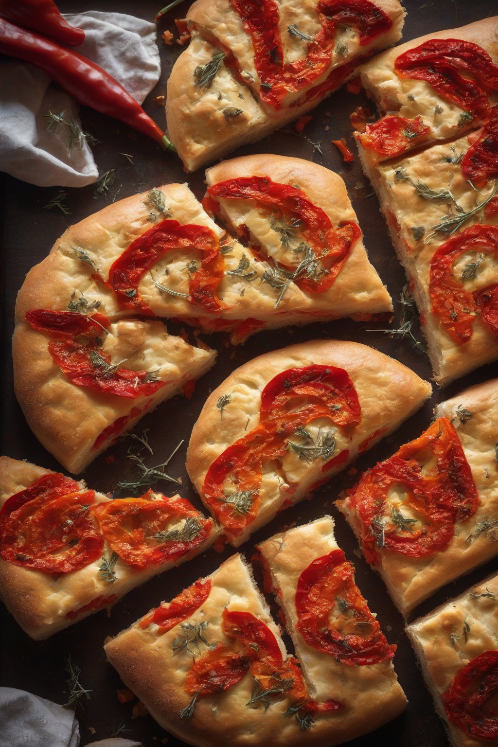 A high-resolution photo of roasted red pepper goat cheese sourdough focaccia, creamy dollops on red strips, under soft lighting.
