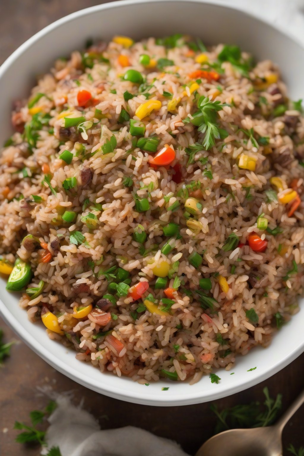A high-resolution photo of steaming classic Cajun dirty rice in a white bowl, flecked with green herbs and colorful veggies, under soft lighting.