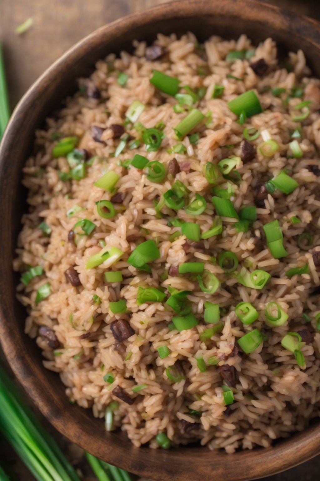 A high-resolution photo of turkey dirty rice garnished with green onions, served in a rustic bowl, under soft lighting.