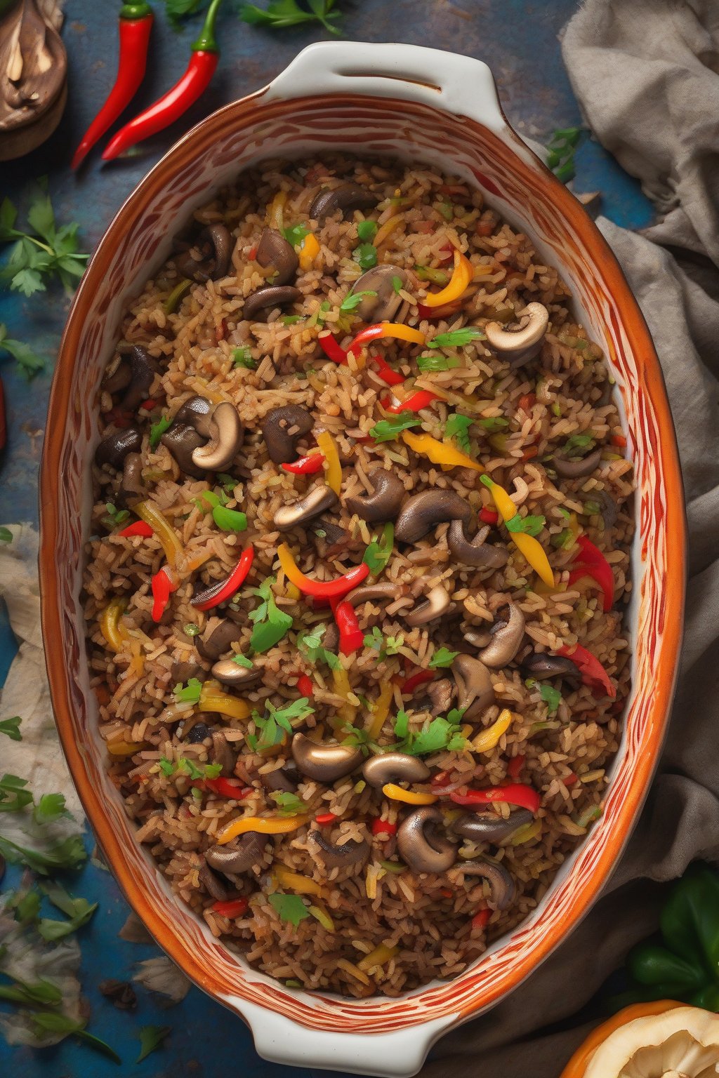 A high-resolution photo of vibrant vegan dirty rice with mushrooms and peppers, in a colorful ceramic dish, under soft lighting.