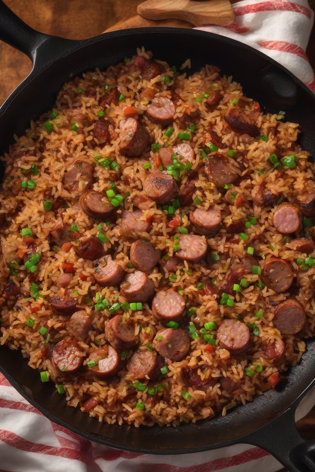 A high-resolution photo of spicy andouille dirty rice with sausage chunks and red flecks, steaming in a cast-iron skillet, under soft lighting.