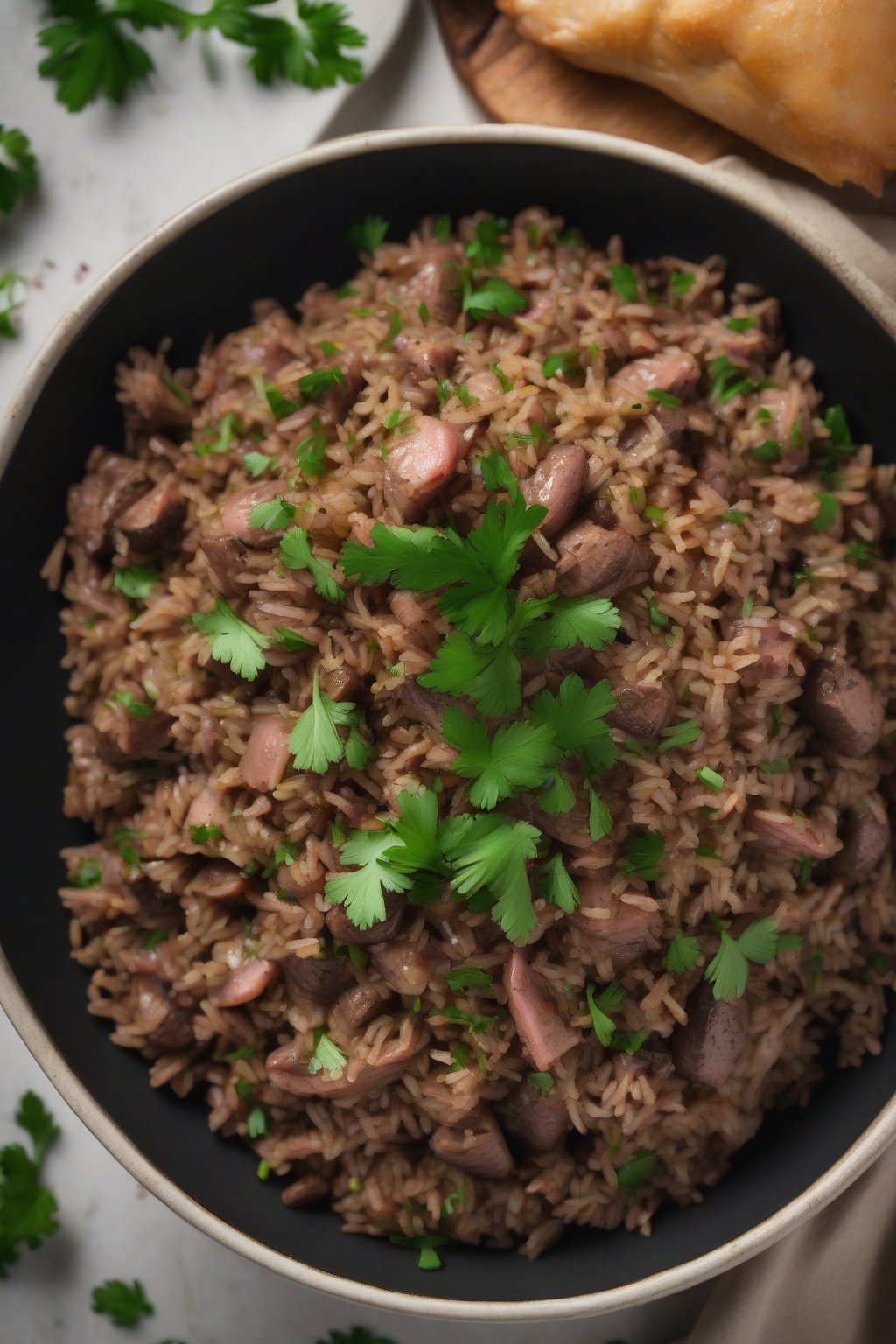 A high-resolution photo of chicken liver dirty rice, textured with dark specks and fresh parsley, in a shallow bowl, under soft lighting.