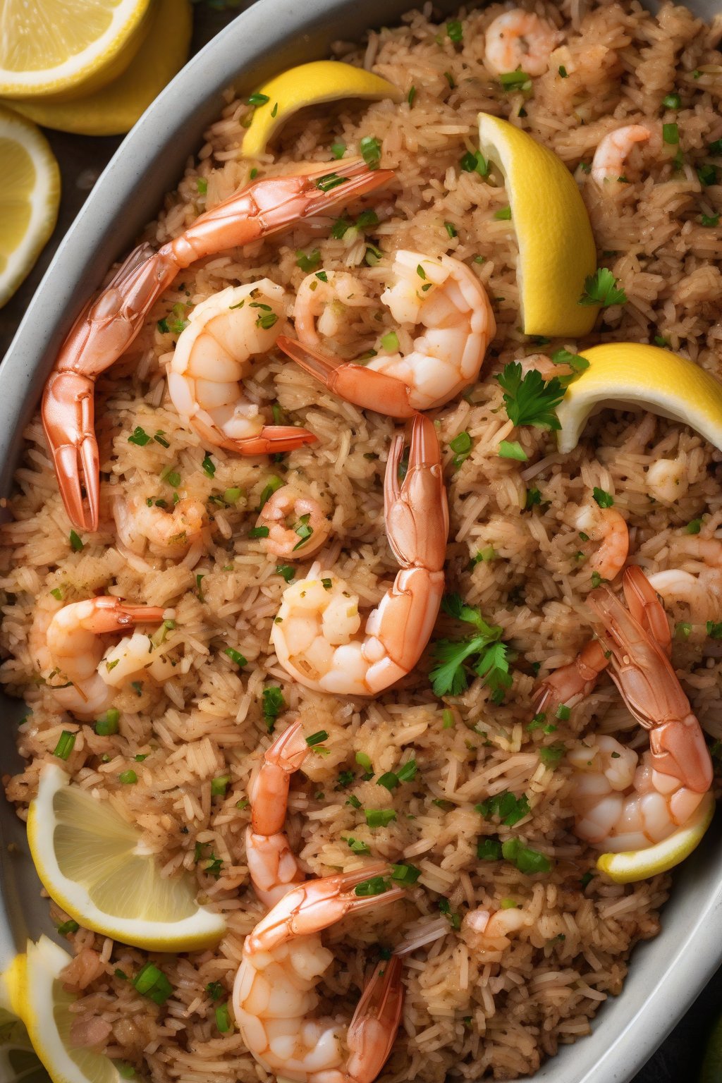 A high-resolution photo of seafood dirty rice topped with shrimp and lemon wedges, under soft lighting.